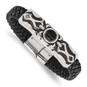 Stainless Steel Antiqued Black Onyx Braided Black Leather 8.25"Bracelet